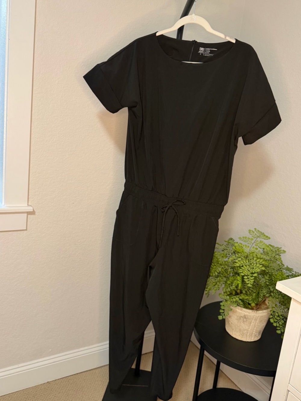 Albion Black Short-Sleeve Drawstring-Waist Jumpsuit